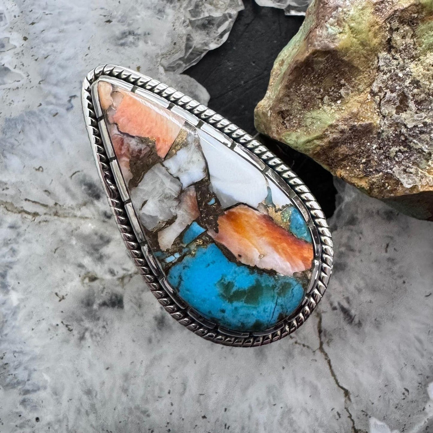 Sterling Silver Southwestern Style Teardrop Composite Spiny Oyster Turquoise Ring 10.75 For Women