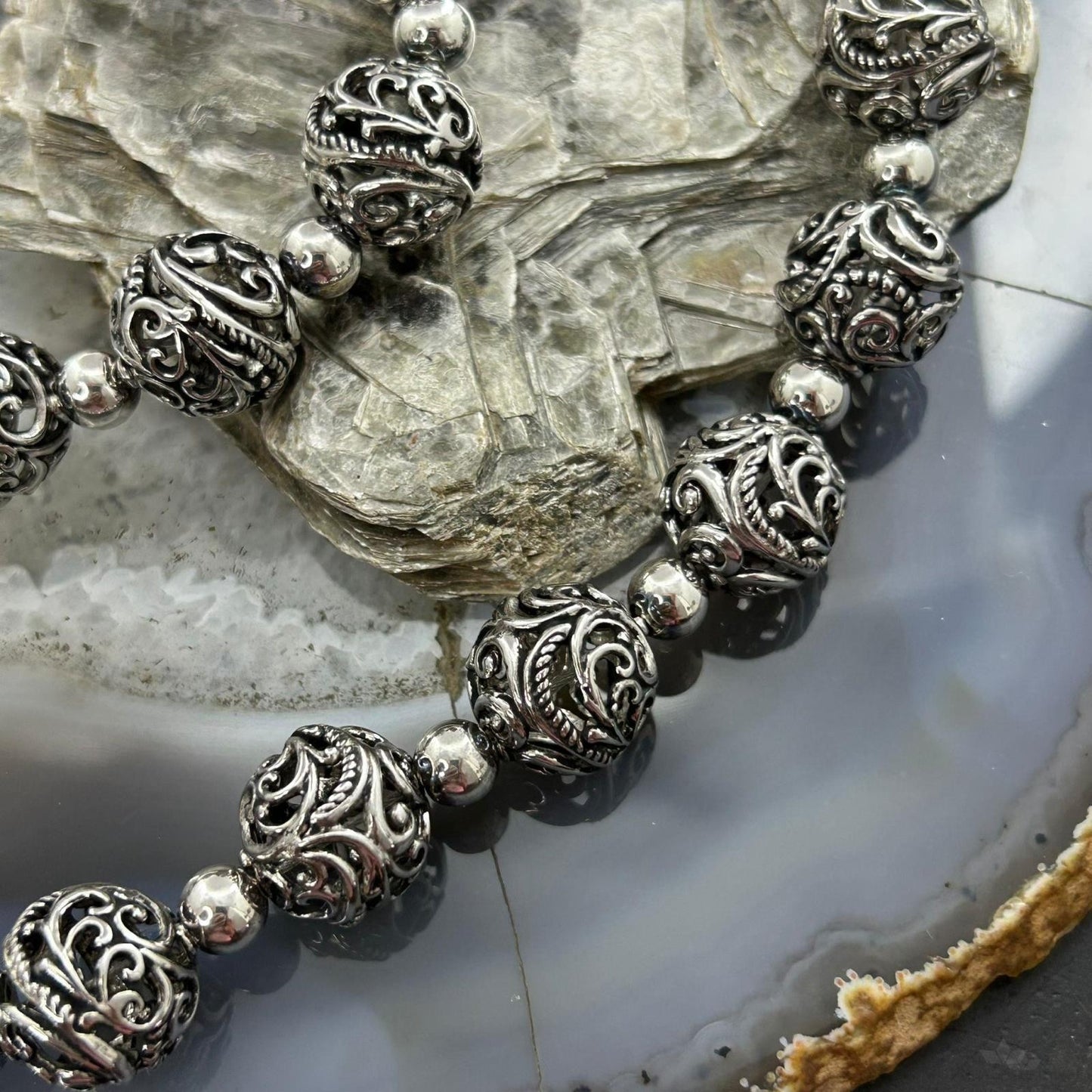 Carolyn Pollack Sterling Silver Decorated Swirl Hallow Beaded Necklace For Women