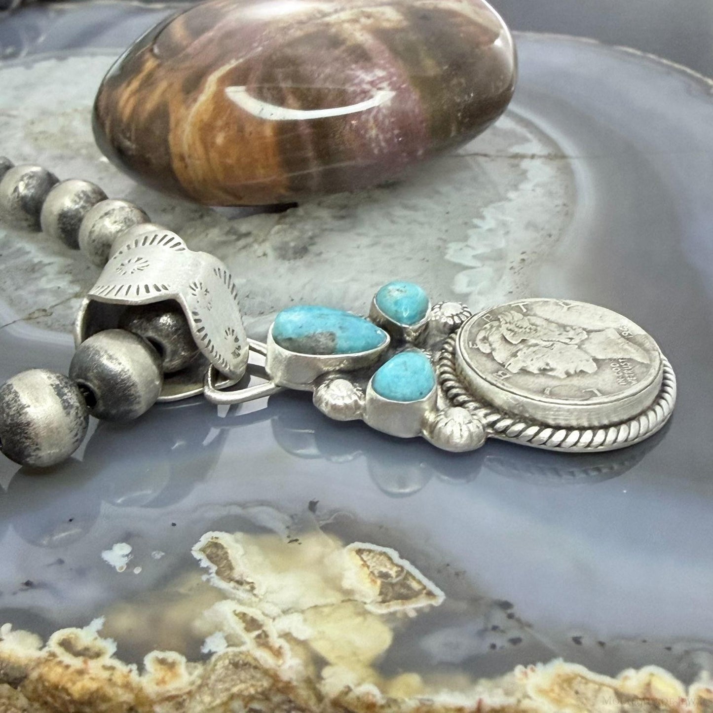 Genuine 1941 90% Silver Mercury Dime Coin Mohave Turquoise Unisex Pendant