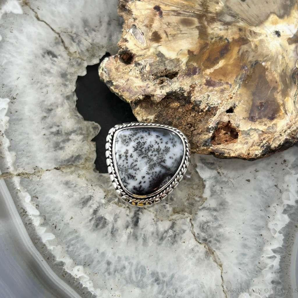 Sterling Silver Southwestern Style Wide Teardrop Dendrite Agate Ring Size 6.5 For Women