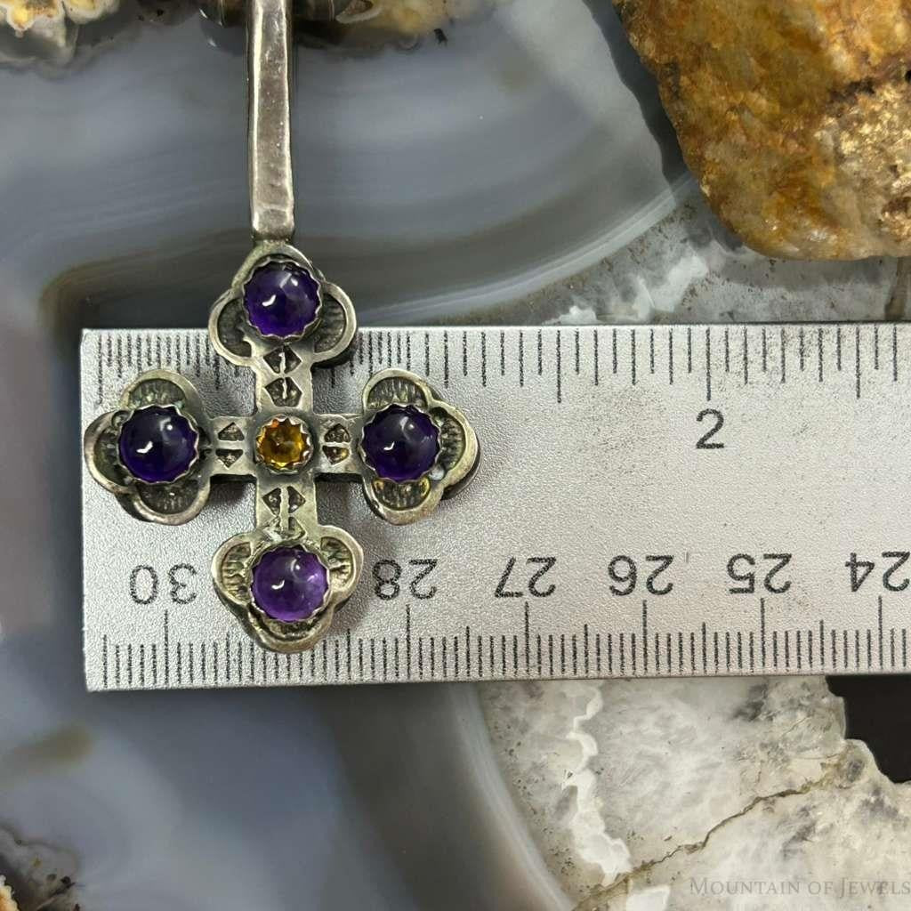 Vintage Silver Peridot, Ametyst Double Sided Cross Silver &MOPNecklace For Women