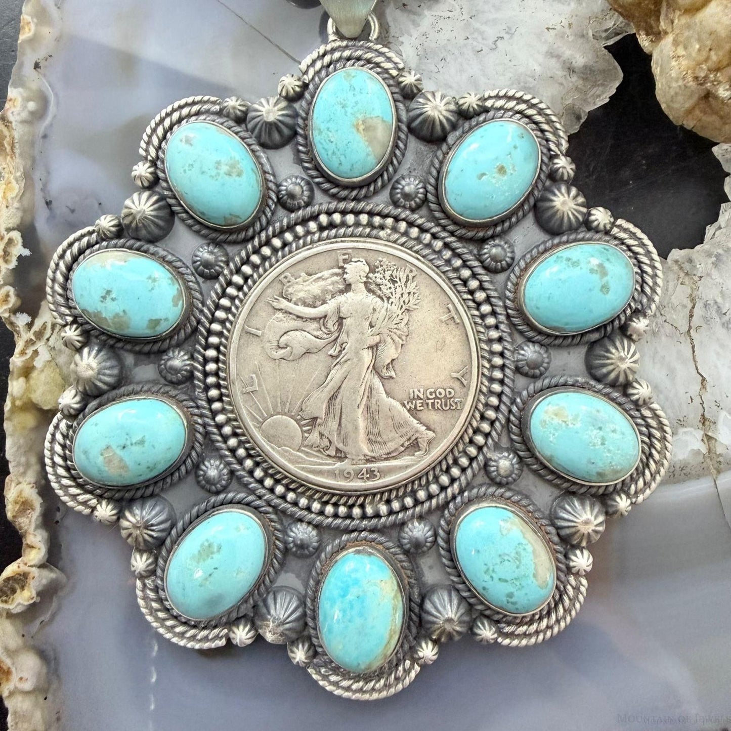 1943 Genuine 90% Silver Walking Liberty Half Dollar Coin w/Turquoise Unisex Pendant