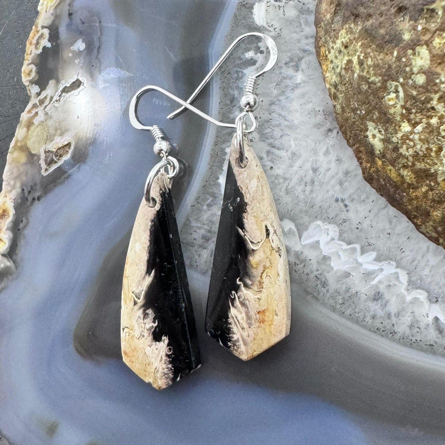 Sterling Silver Elongated Triangle Plum Root Jasper Slab Dangle Earrings For Women #223