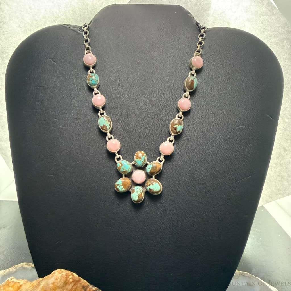 Sterling Silver Southwestern Style Turquoise &Pink Conch 20" Cluster Necklace For Women