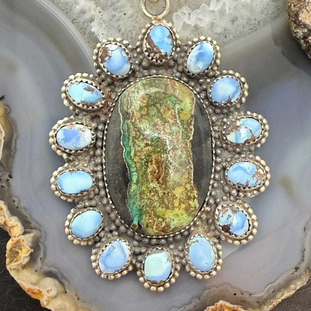 Sterling Silver Southwestern Style Blackjack & Golden Hill Turquoise Pendant For Women