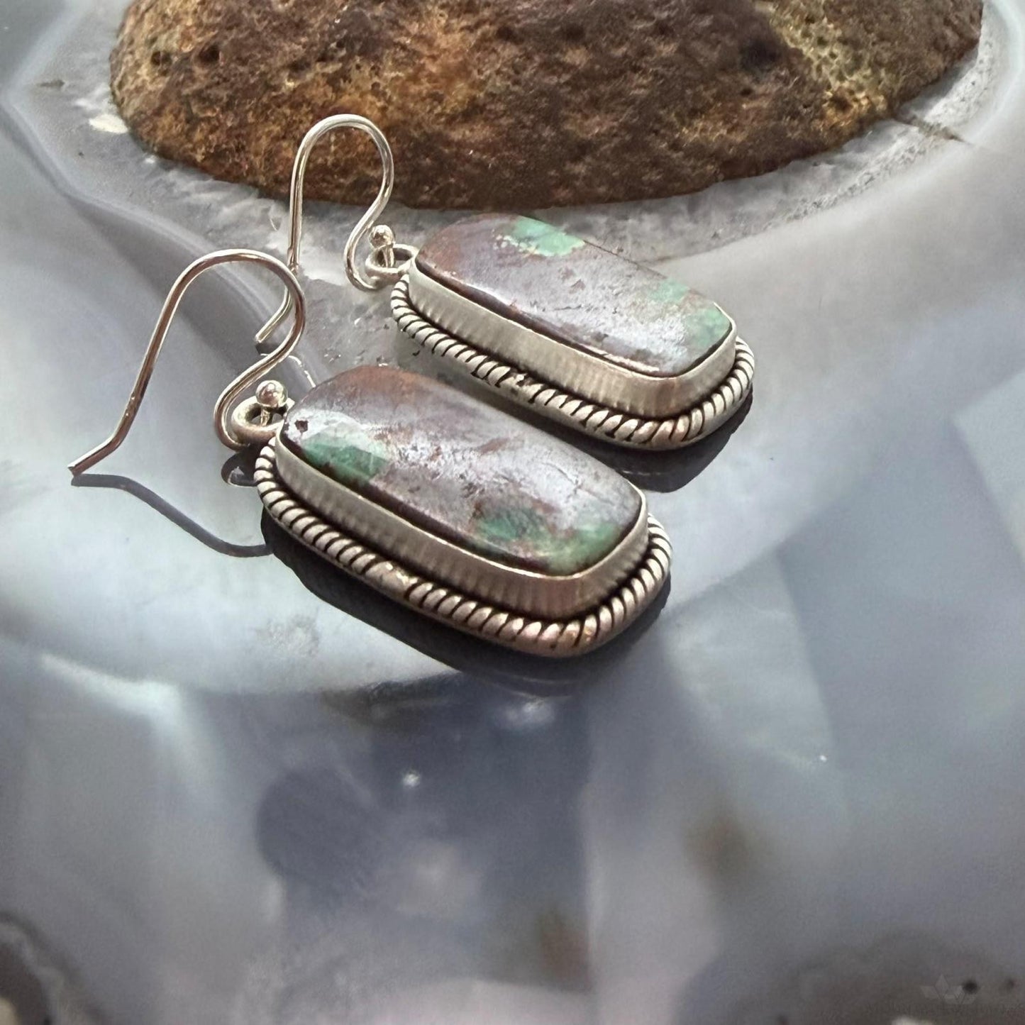 Sterling Silver Southwestern Style Rectangle Royston Turquoise Dangle Earrings For Women