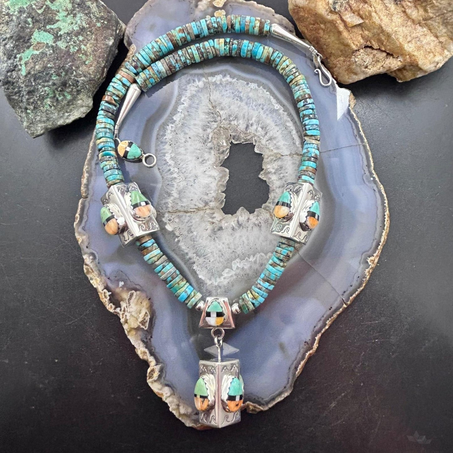 Cliffton Aguilar Santo Domingo Sterling Silver & Turquoise Beads w/Pendant 18" Necklace