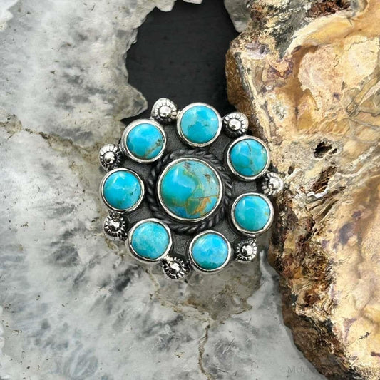 Sterling Silver Southwestern Style Mohave Turquoise Cluster Ring Size 8 For Women