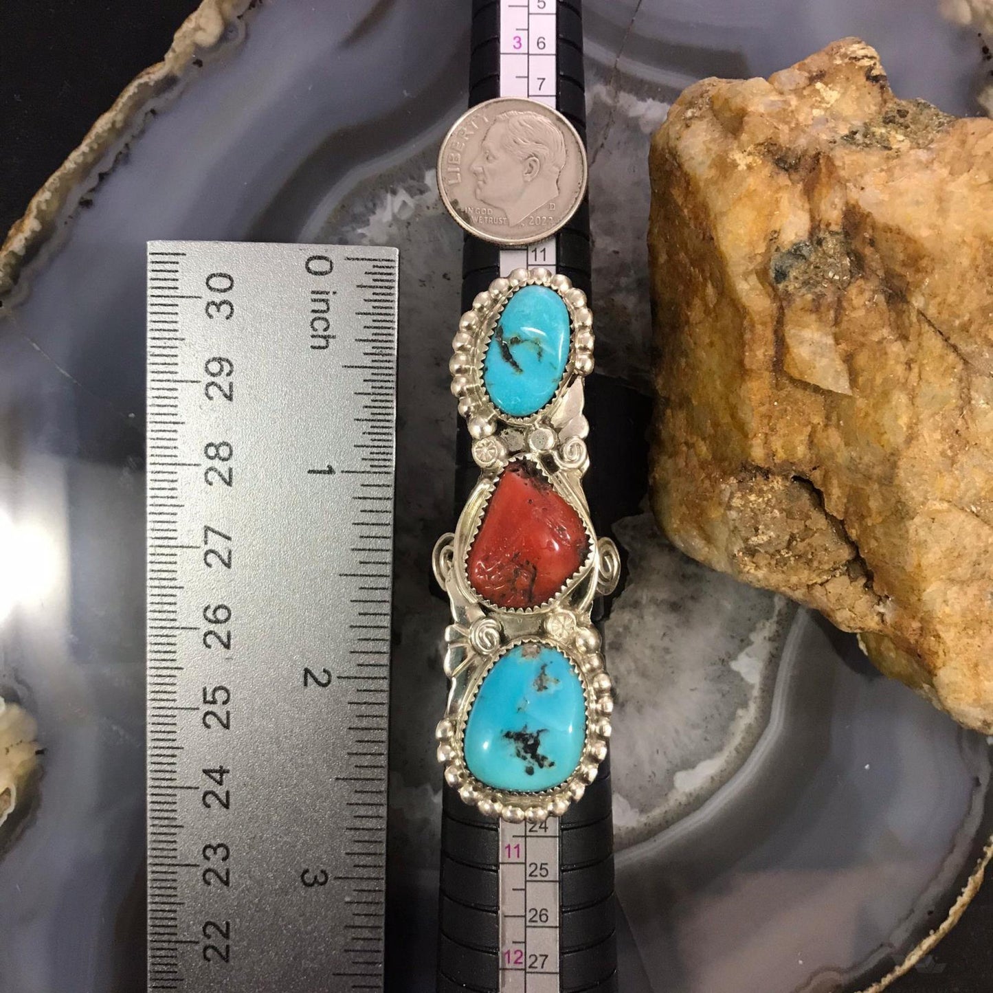 Silver Ray Sterling Silver 2 Turquoise 1 Coral Decorated Ring Size 8.5 For Women