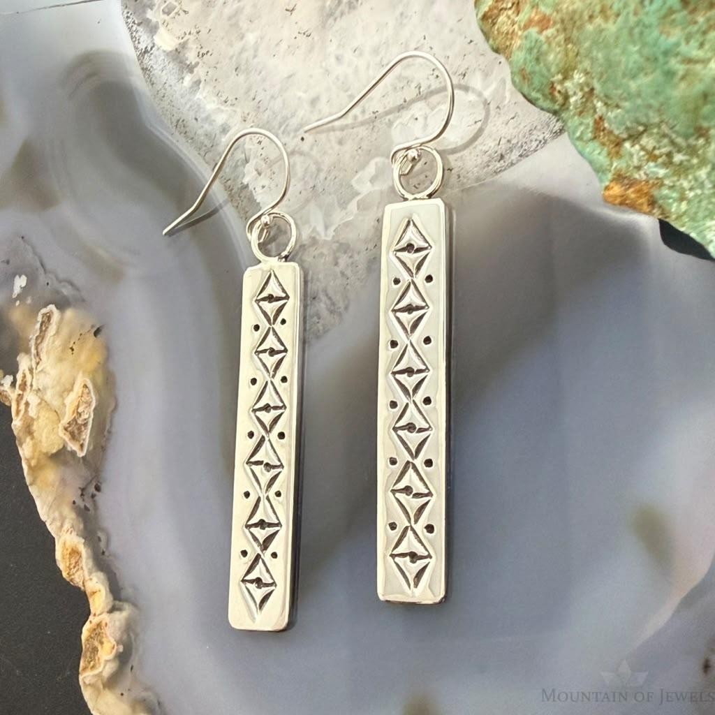 Michael Nez Native American Sterling Stamped Rectangle Dangle Earrings For Women
