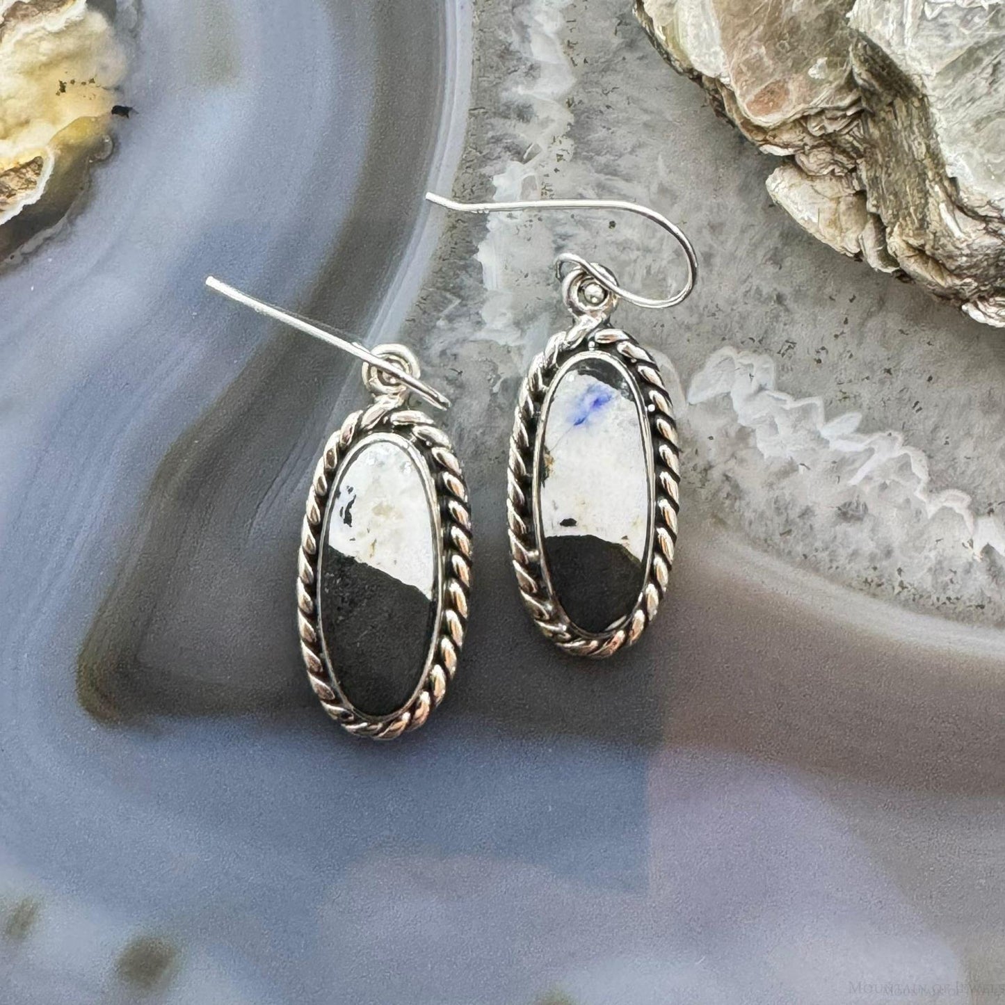 Native American Sterling Silver Oval White Buffalo Dangle Earrings For Women.