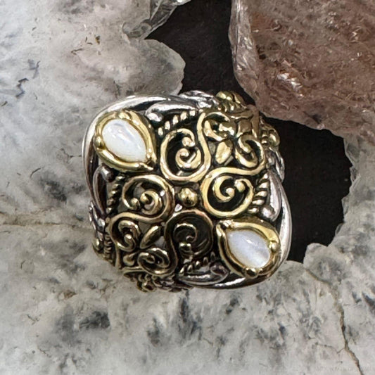 Carolyn Pollack Sterling Silver & Brass 2 Mother of Pearl Decorated Ring For Women