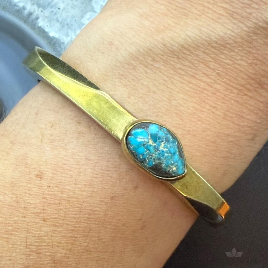 Vintage Native American Thick and Solid Brass Turquoise Bracelet For Women