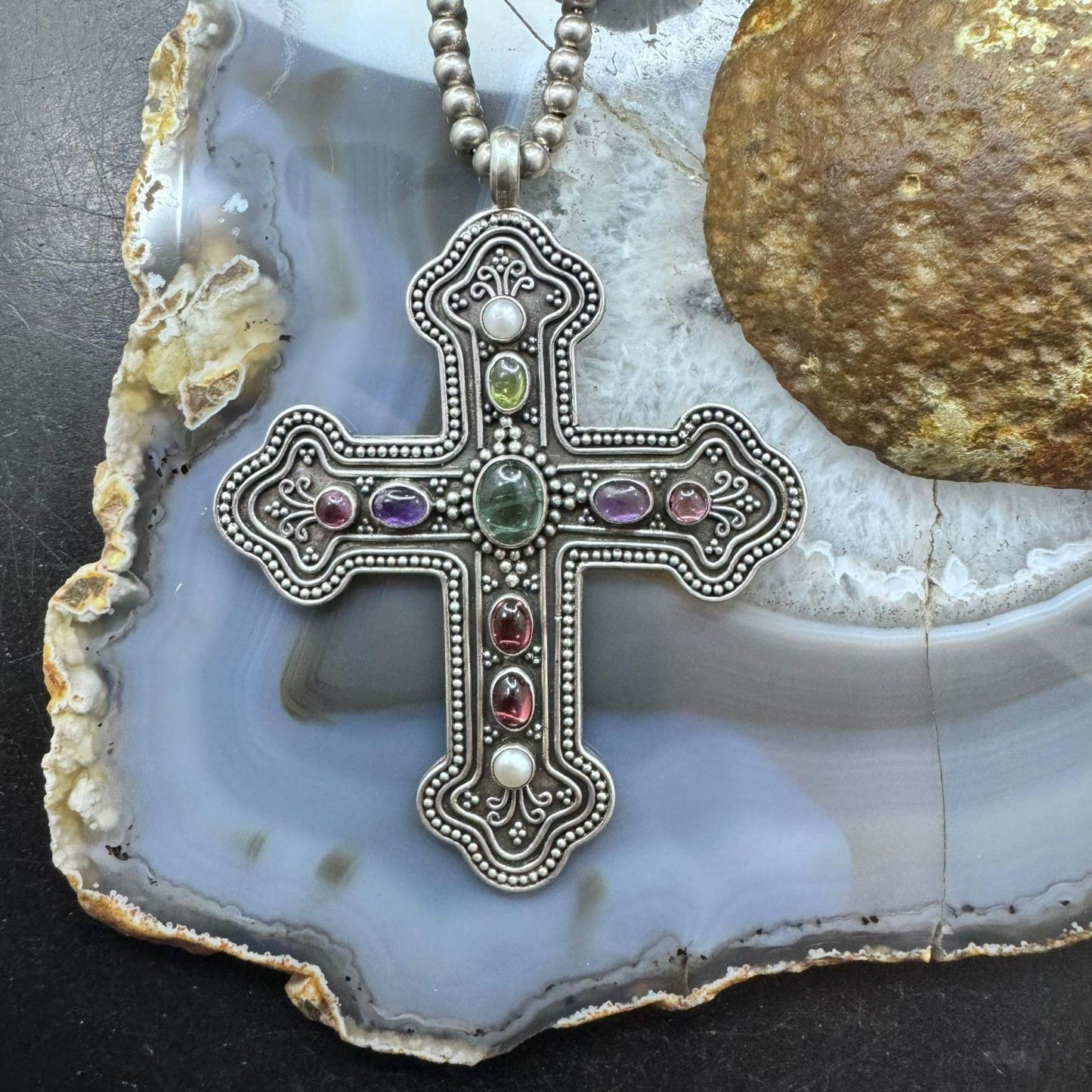 Vintage Sterling Silver Multi Gemstone Cross Pendant W/Brads Bead Chain Necklace