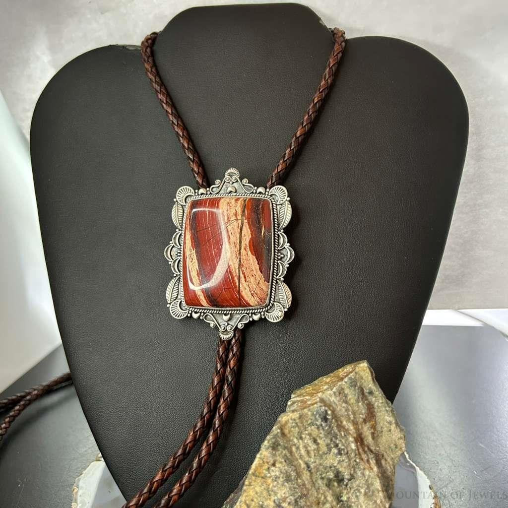 Sterling Silcer Southwestern Style Large Snake Skin Jasper Decorated Bolo Tie For Men