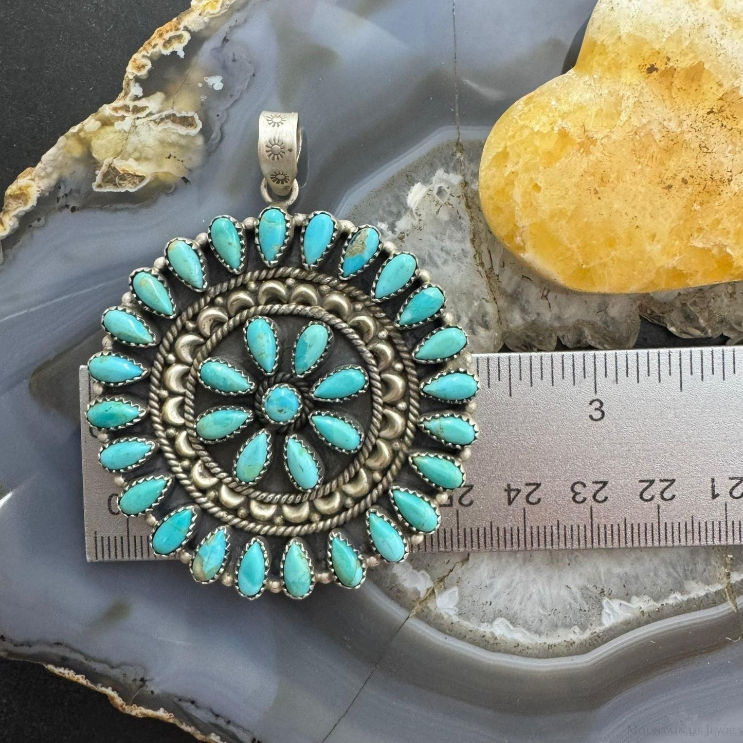Southwestern Style Sterling Silver Turquoise Decorated Round Cluster Pendant For Women
