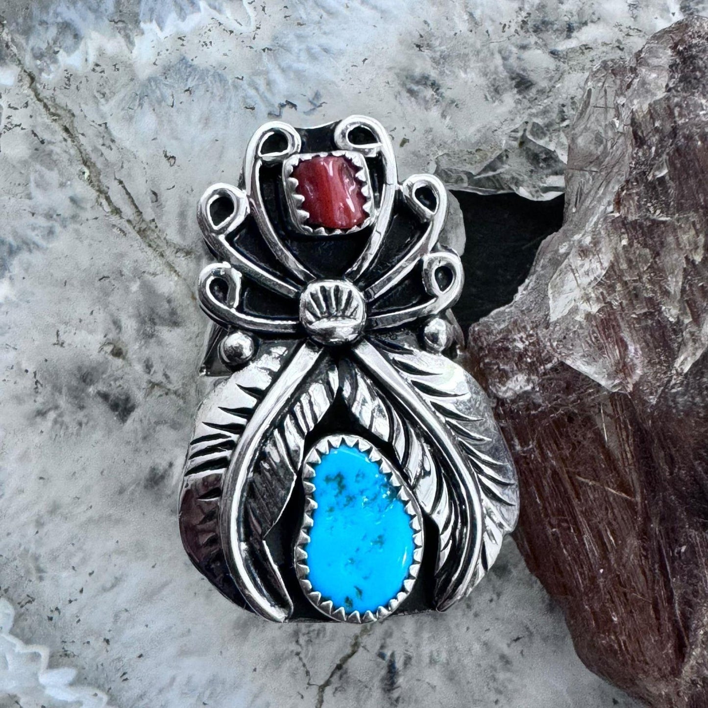 Native American Sterling Silver Turquoise & Coral Leaves Ring Size 7 For Women