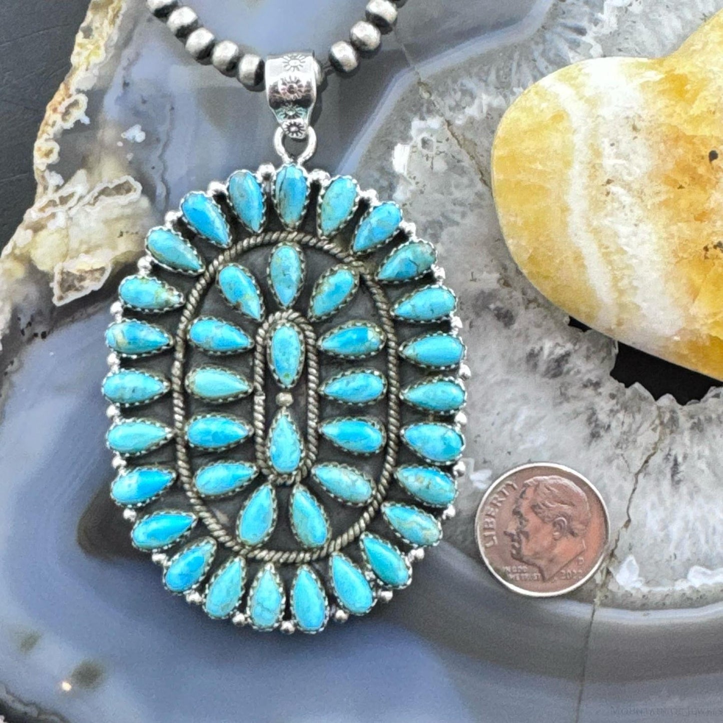 Sterling Silver Southwestern Style Turquoise Decorated Large Cluster Pendant For Women