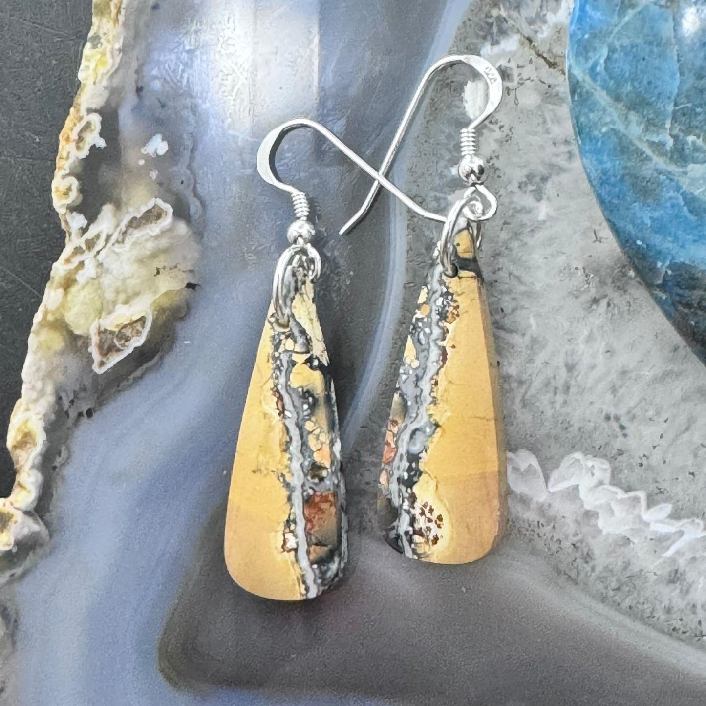 Sterling Silver Triangle Maligano Jasper Slab Dangle Earrings For Women #179