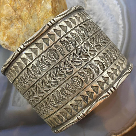 Signed Willie Native American Sterling Wide Stamped Bracelet For Women #3