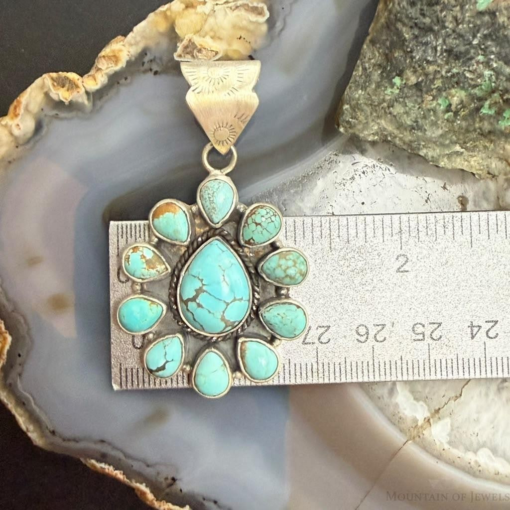 Sterling Silver Southwestern Style Teardrop Royston Turquoise Decorated Cluster Pendant