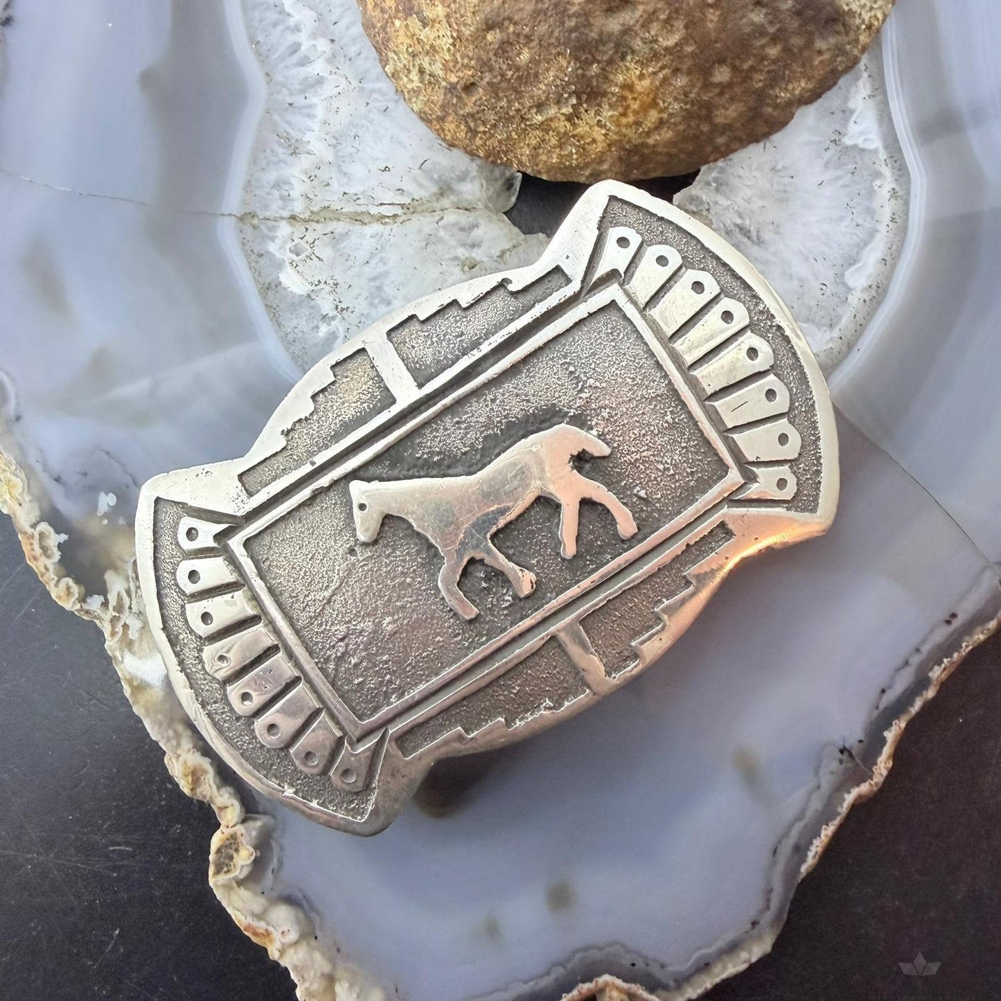 Emerson Kinsel Native American Sterling Silver Overlay Horse Belt Buckle For Men