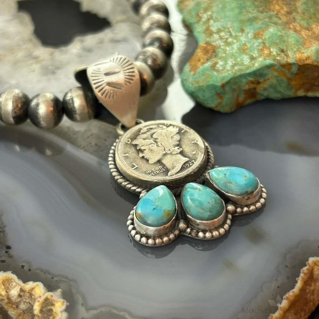 Genuine 1927 90% Silver Mercury Dime Coin w/Teardrop Turquoise Decorated Unisex Pendant