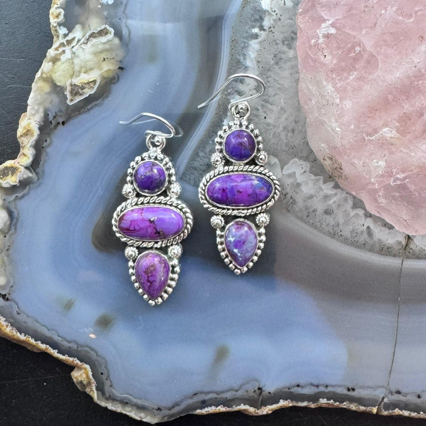 Sterling Silver Southwestern Style 3 Purple Dahlia Decorated Dangle Earrings For Women