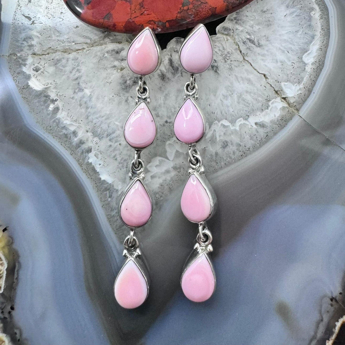 Native American Sterling Silver 4 Pink Conch Long Dangle Earrings For Women #1