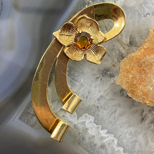 Vintage 14K Yellow Gold & Citrine Floral Brooch For Women