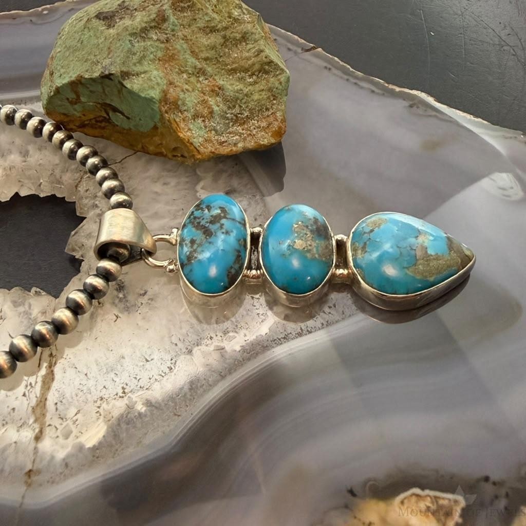 Sterling Silver Southwestern Style 3 Kingman Turquoise Pendant For Women