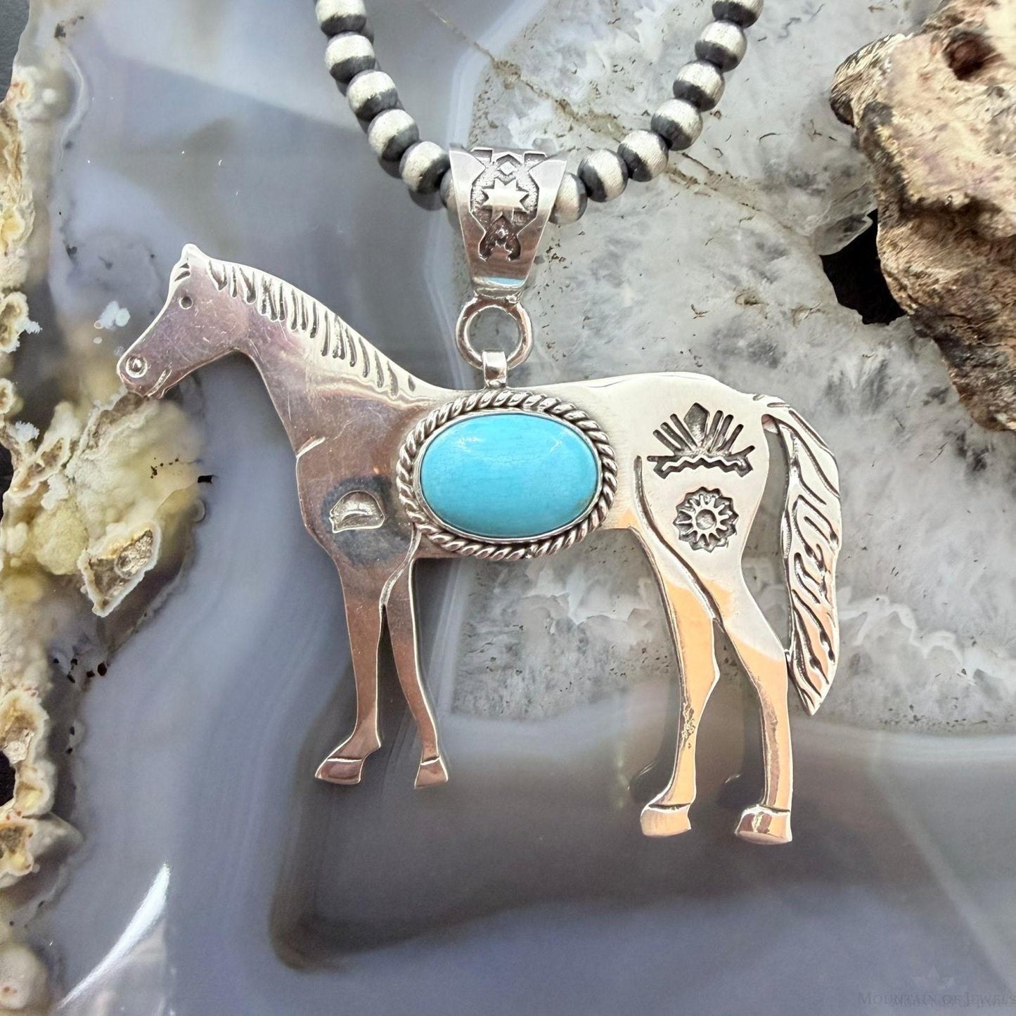 Sterling Silver Turquoise Stamped w/Indigenous Symbols Horse Unisex Pendant