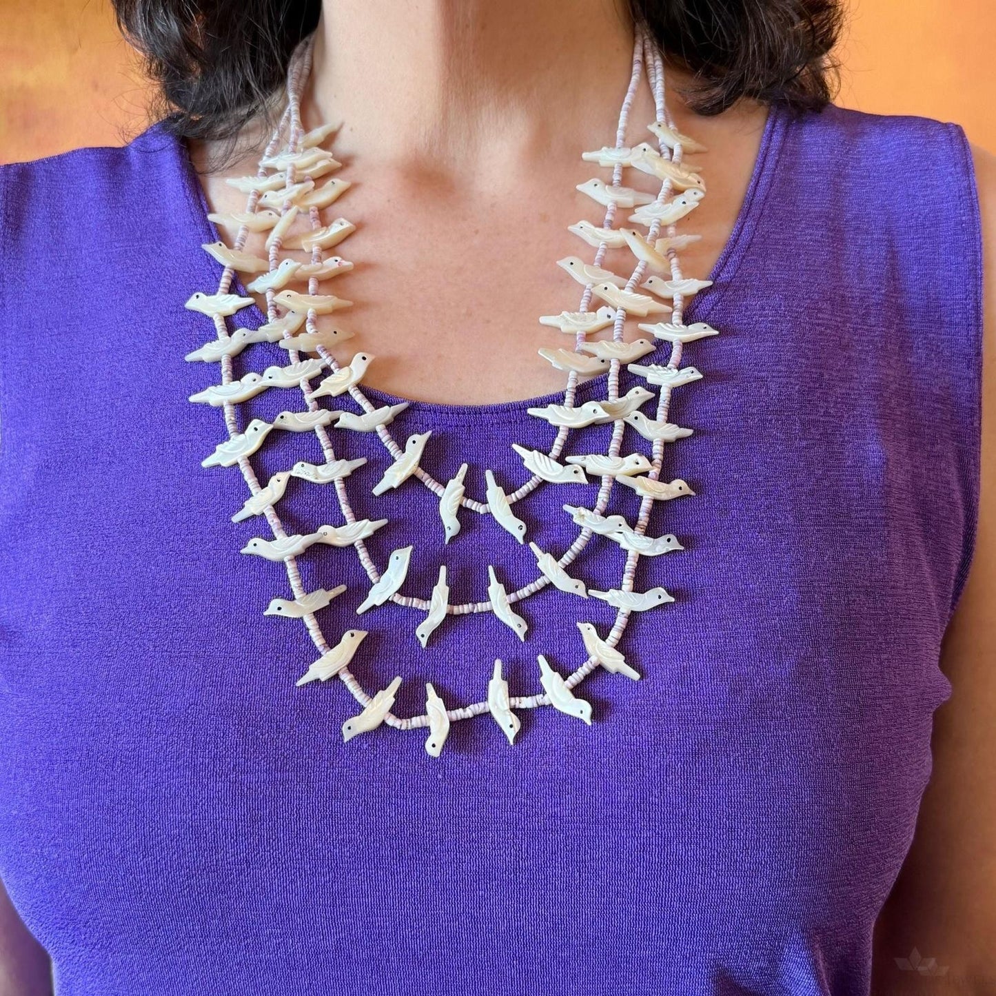 Vintage Sterling Silver 3 Strands White Shell Carved Birds & Shell Necklace For Women