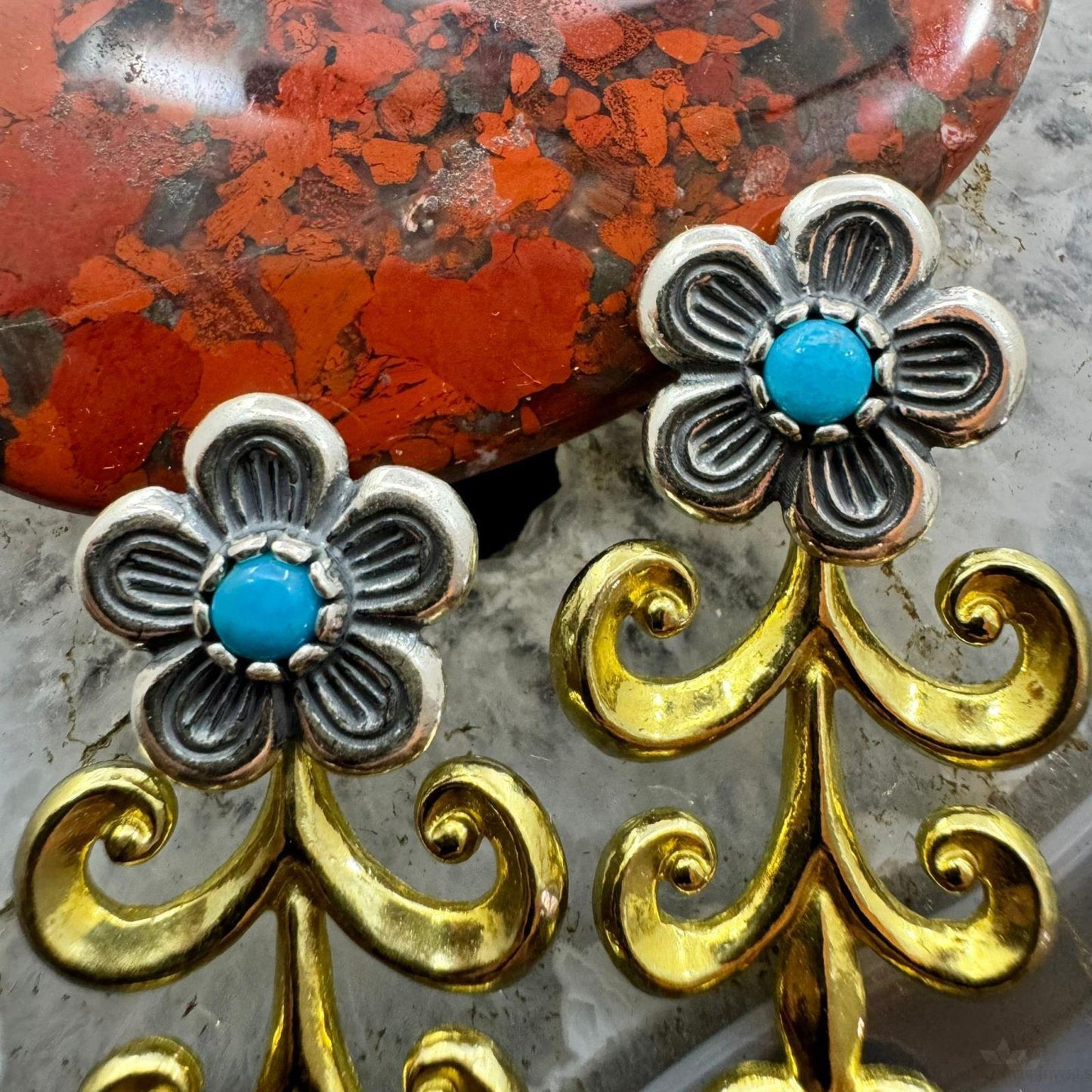 Carolyn Pollack Sterling Silver & Brass w/Turquoise Floral Post Earrings For Women