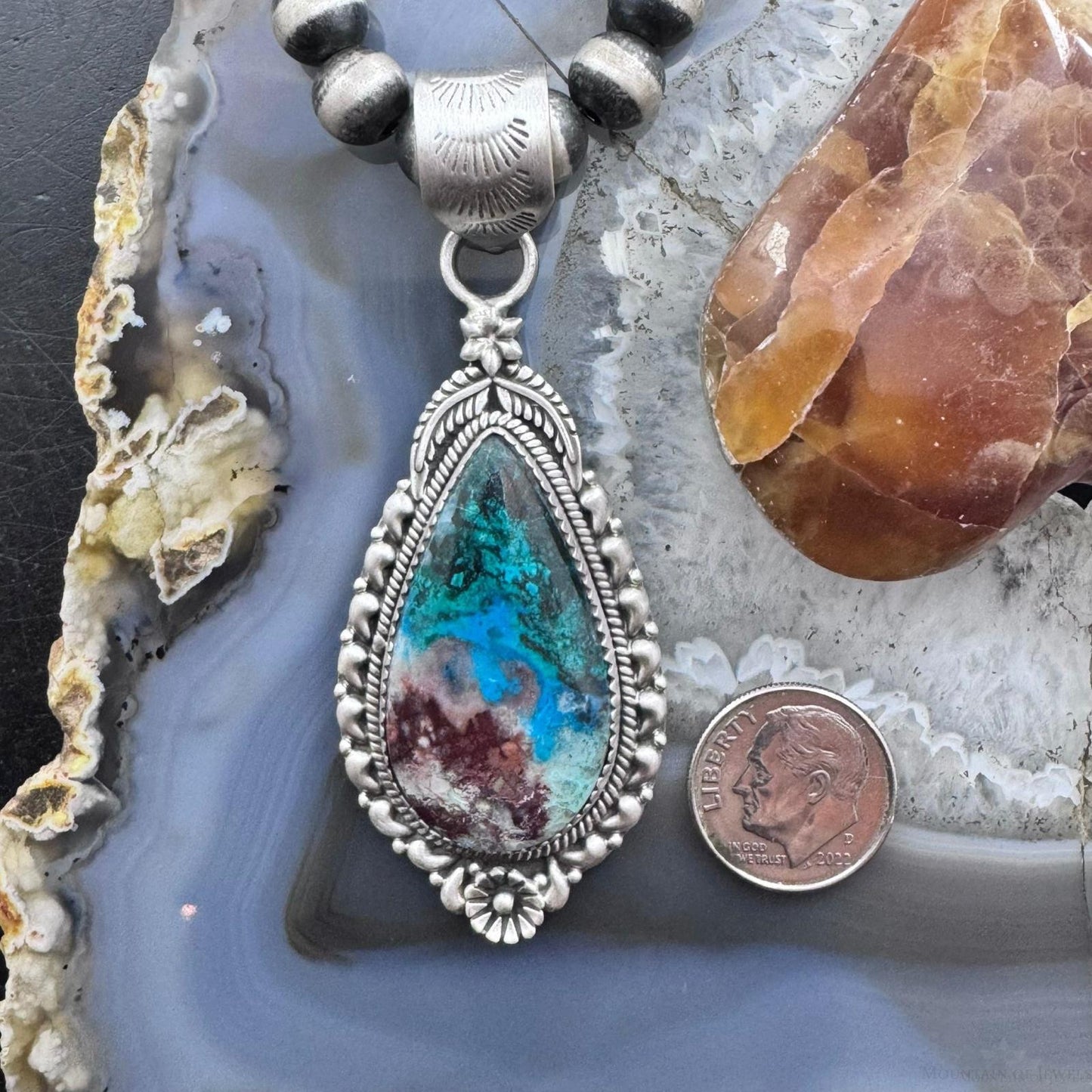 Sterling Silver Southwestern Style Elongated Teardrop Shattuckite Pendant For Women