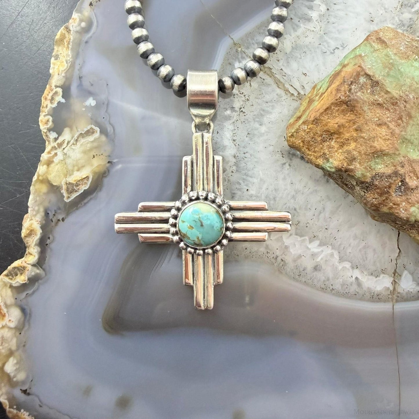 Sterling Silver Southwestern Style Rounded Turquoise Unisex Zia Pendant