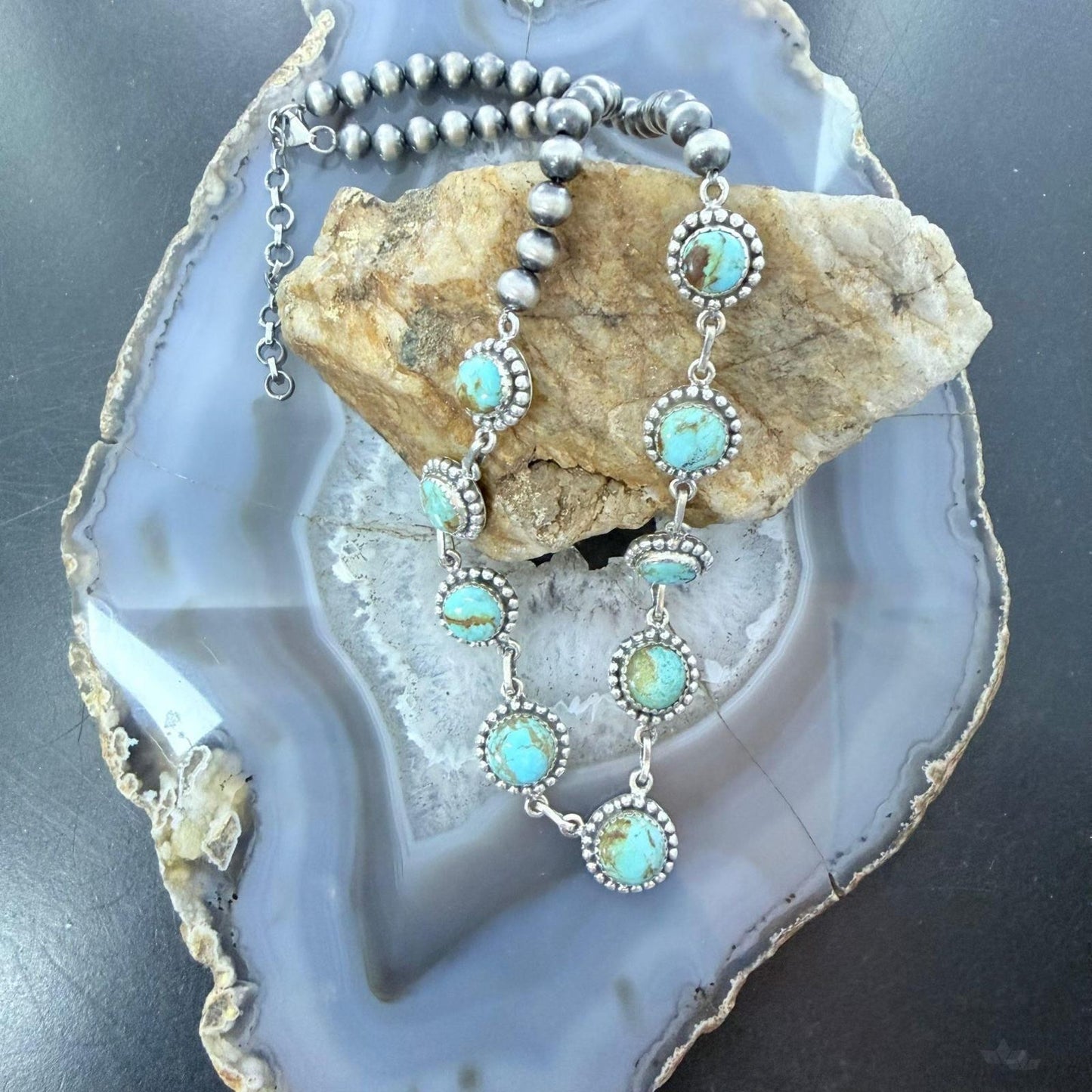 Sterling Southwestern Style Rounded Turquoise & 5mm Navajo Pearl Beads Necklace For Women