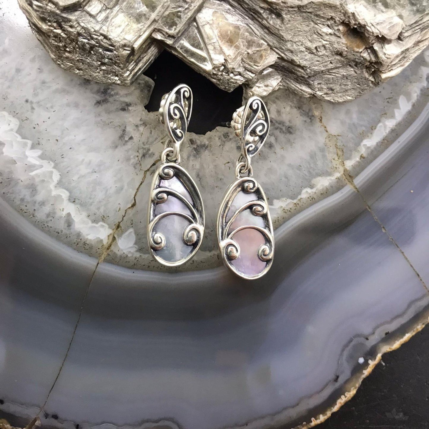 Carolyn Pollack Sterling Silver Mother of Pearl Decorated Dangle Earrings For Women