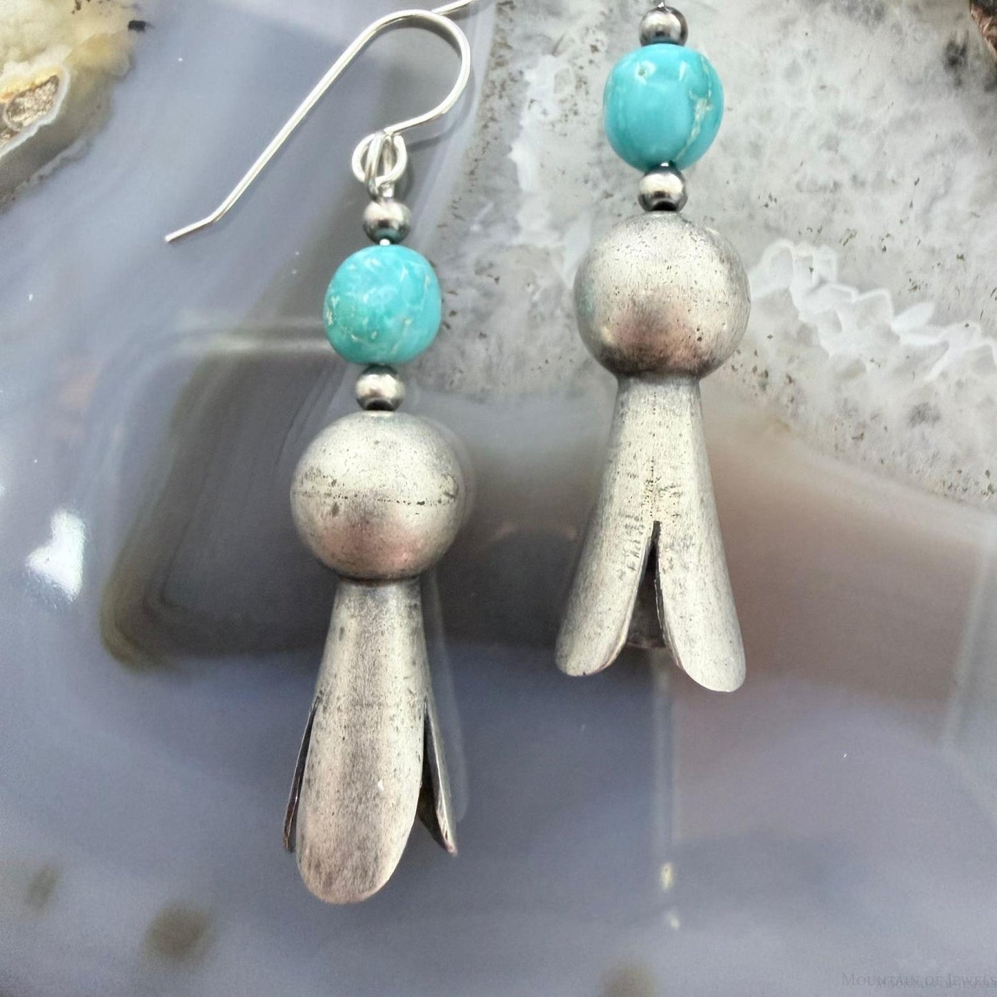 Sterling Silver Southwestern Style Squash Blossom Turquoise Dangle Earrings For Women