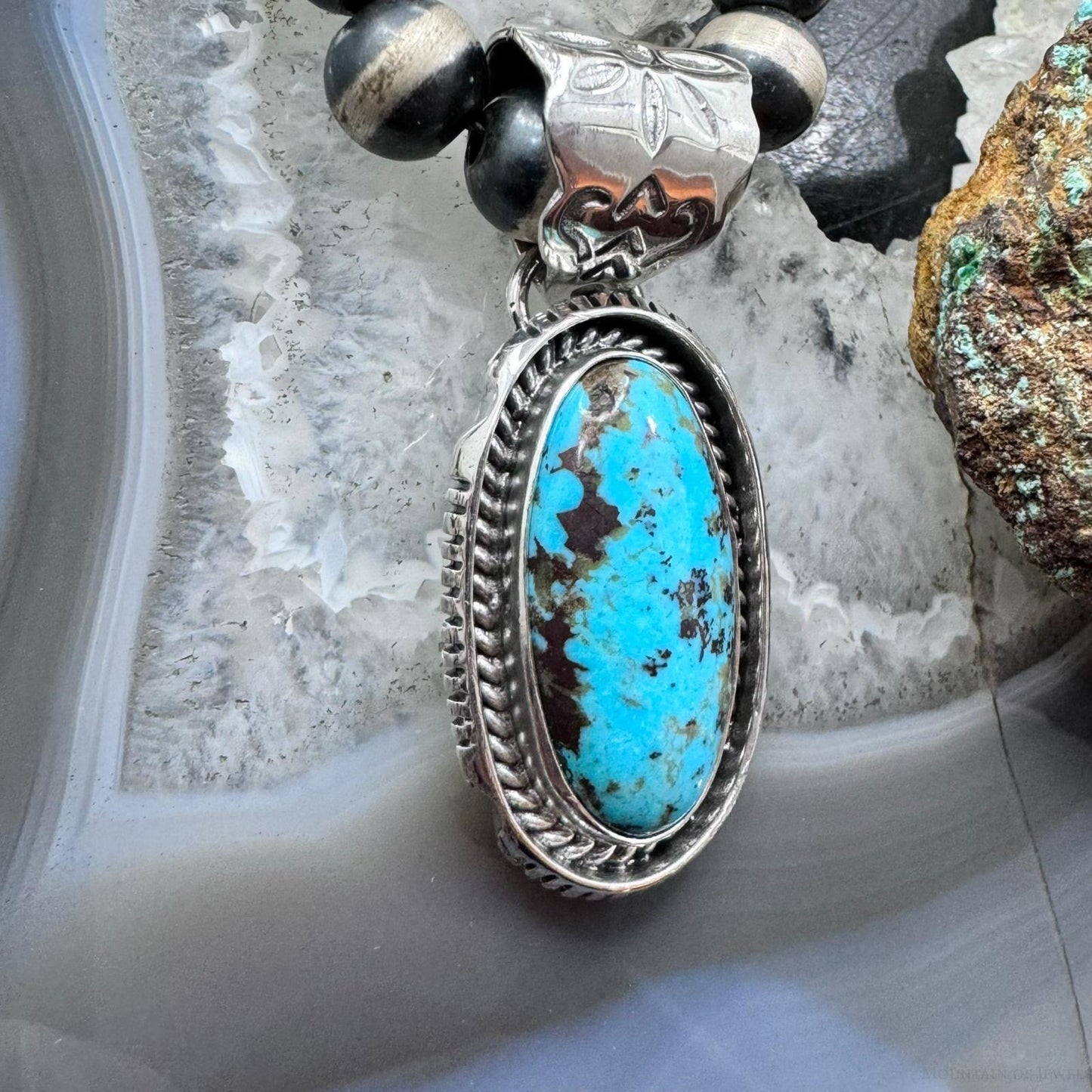 Native American Sterling Silver Elongated Oval Turquoise #8 Pendant For Women #1