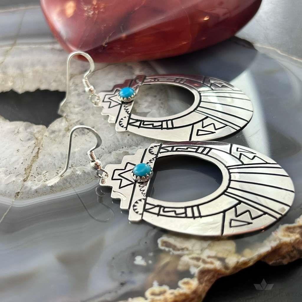 Tommy & Rosita Singer Sterling Silver Dot Turquoise Engraved Dangle Earrings For Women