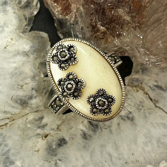 Sterling Silver Mother of Pearl & Marcasite Flower Ring Size 8 For Women