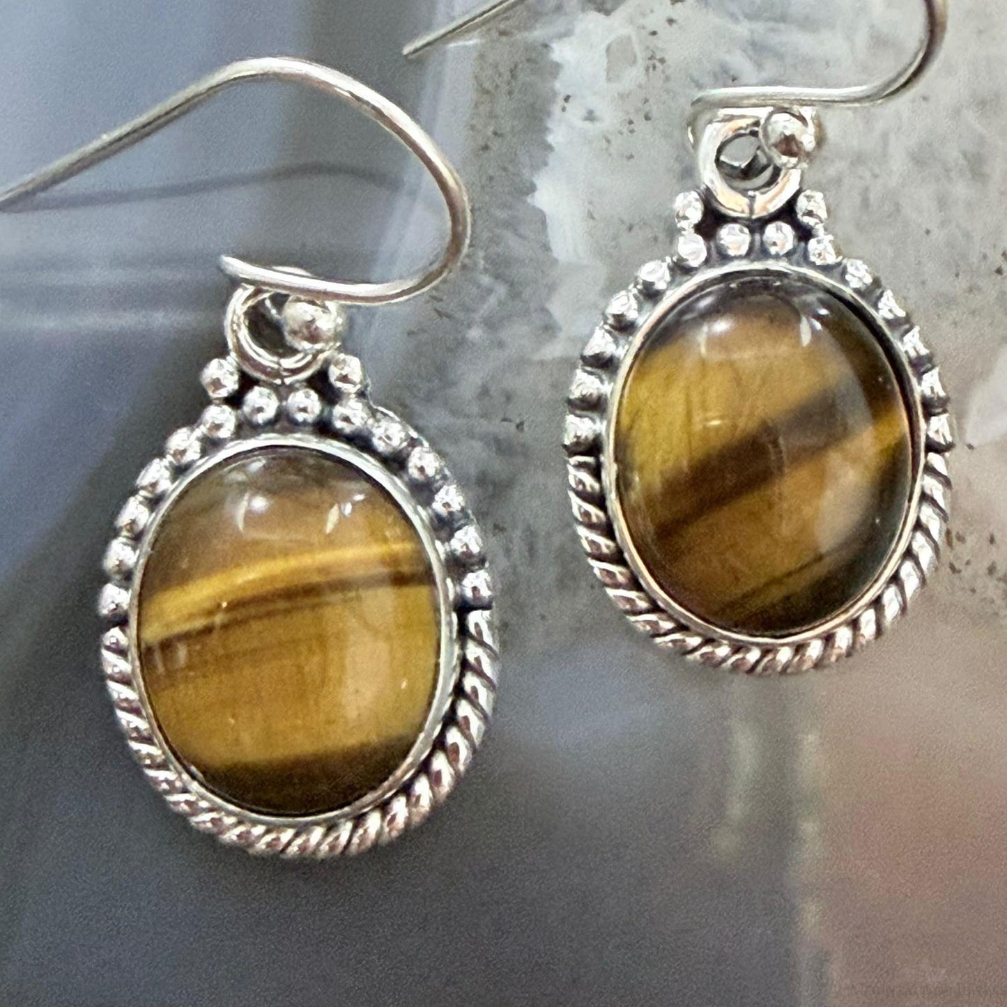 Sterling Silver Southwestern Style Oval Tiger's Eye Dangle Earrings For Women