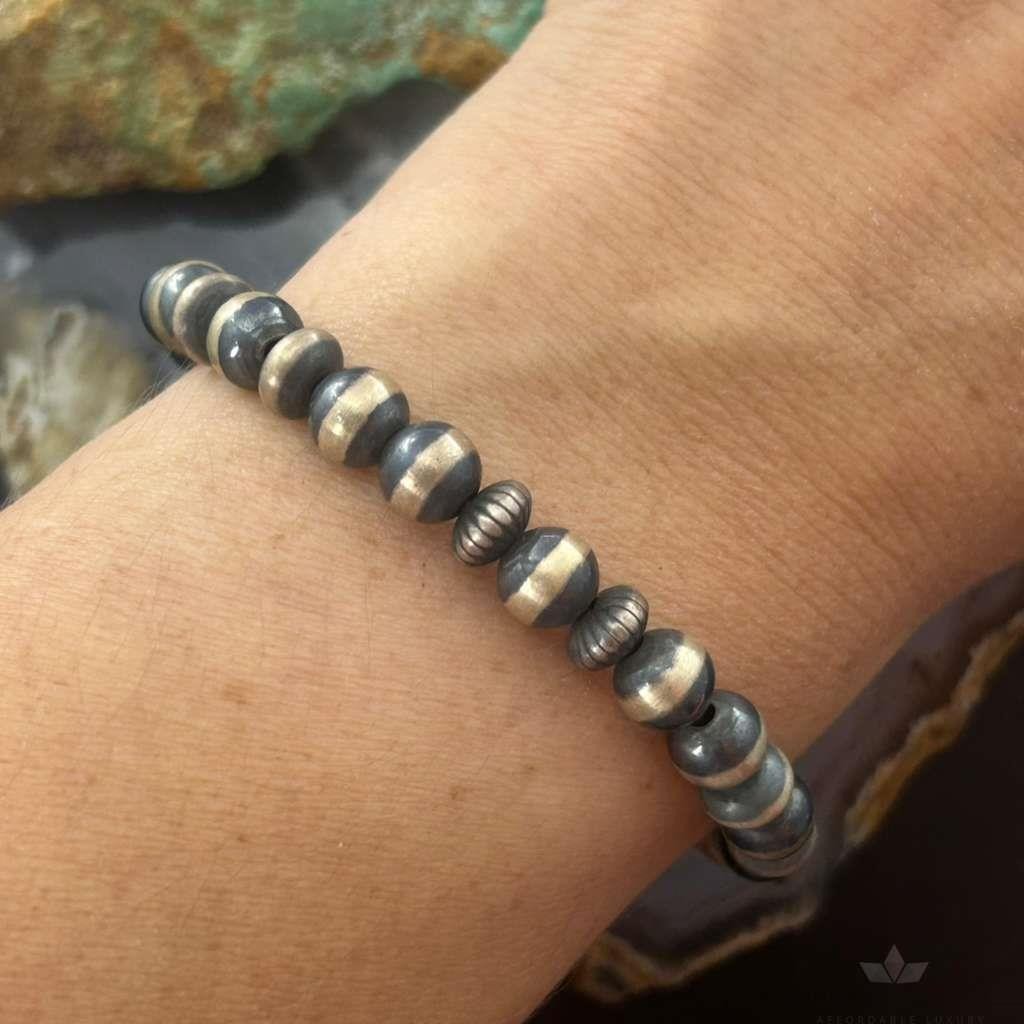 Native American Sterling Navajo Pearl Beads 6mm Stretch Bracelet For Women