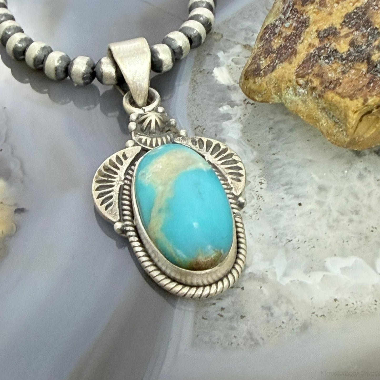 Sterling Silver Southwestern Style Oval Kingman Turquoise Decorated Pendant For Women