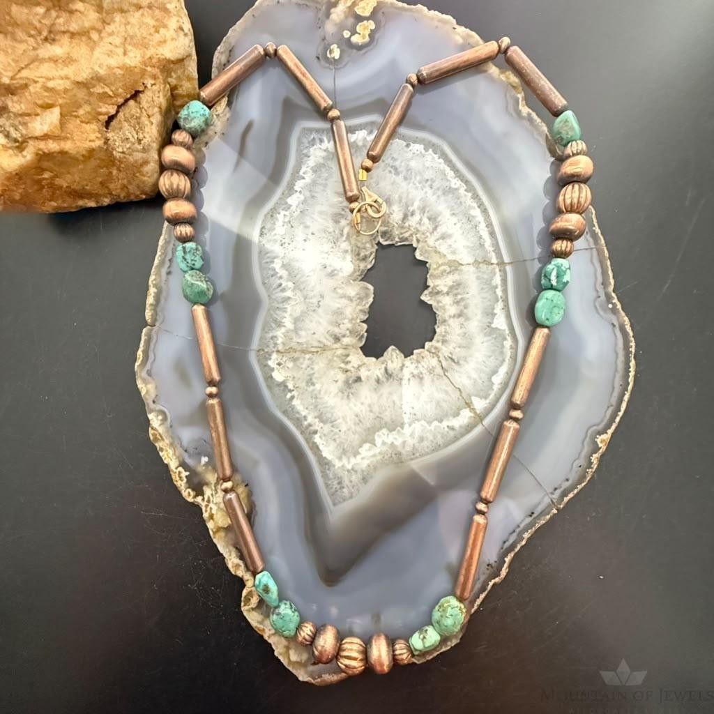 Southwestern Style 3-9.5mm Copper Navajo Pearl Round,Cylinder w/Carico Lake Turquoise 22" Necklace For Women