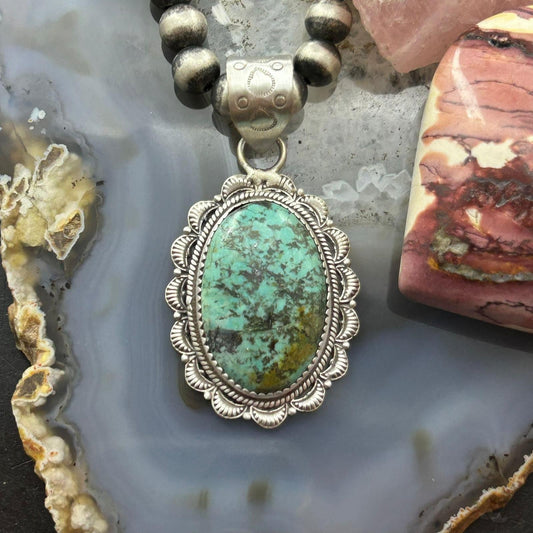 Sterling Silver Southwestern Style Oval Turquoise Decorated Pendant For Woman