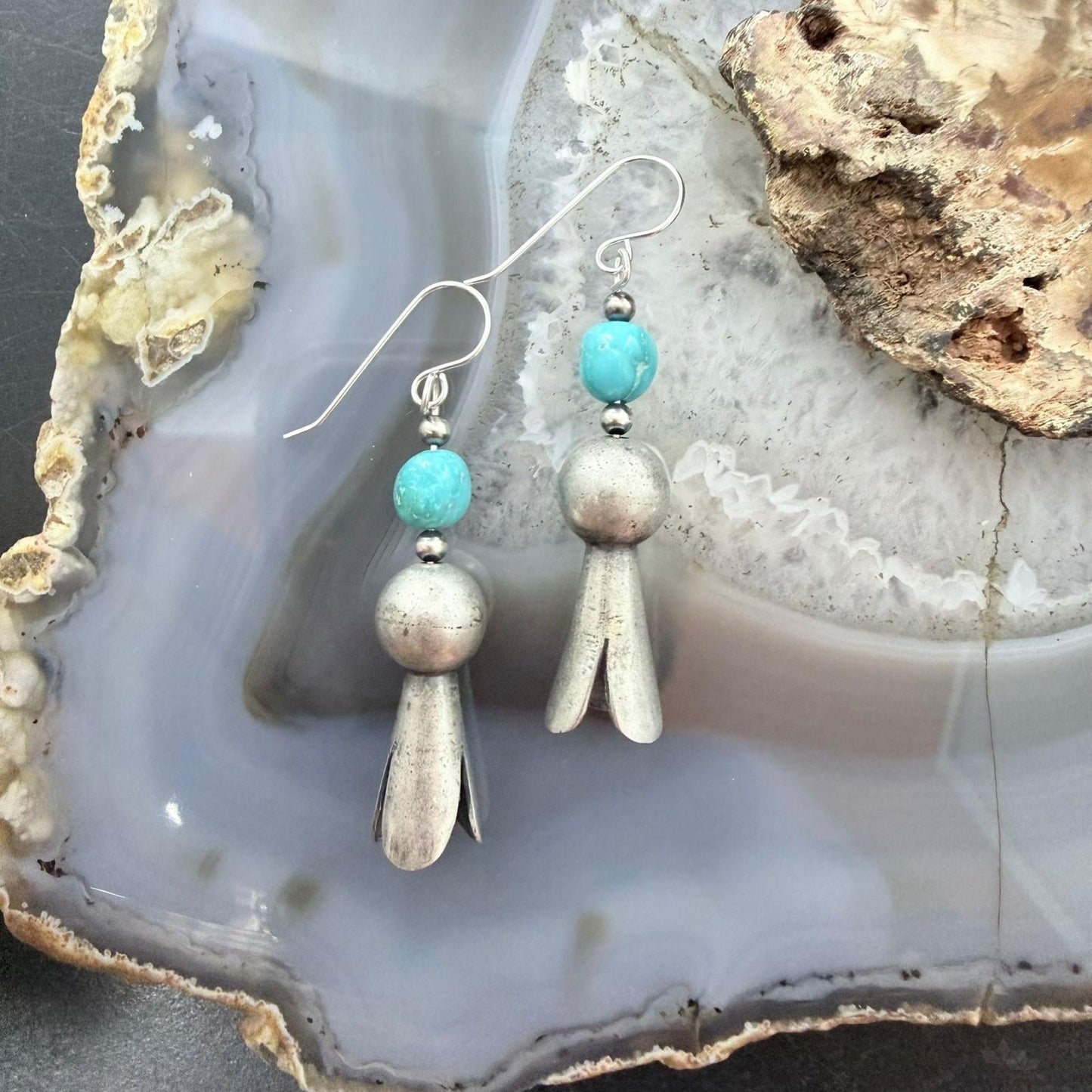 Sterling Silver Southwestern Style Squash Blossom Turquoise Dangle Earrings For Women