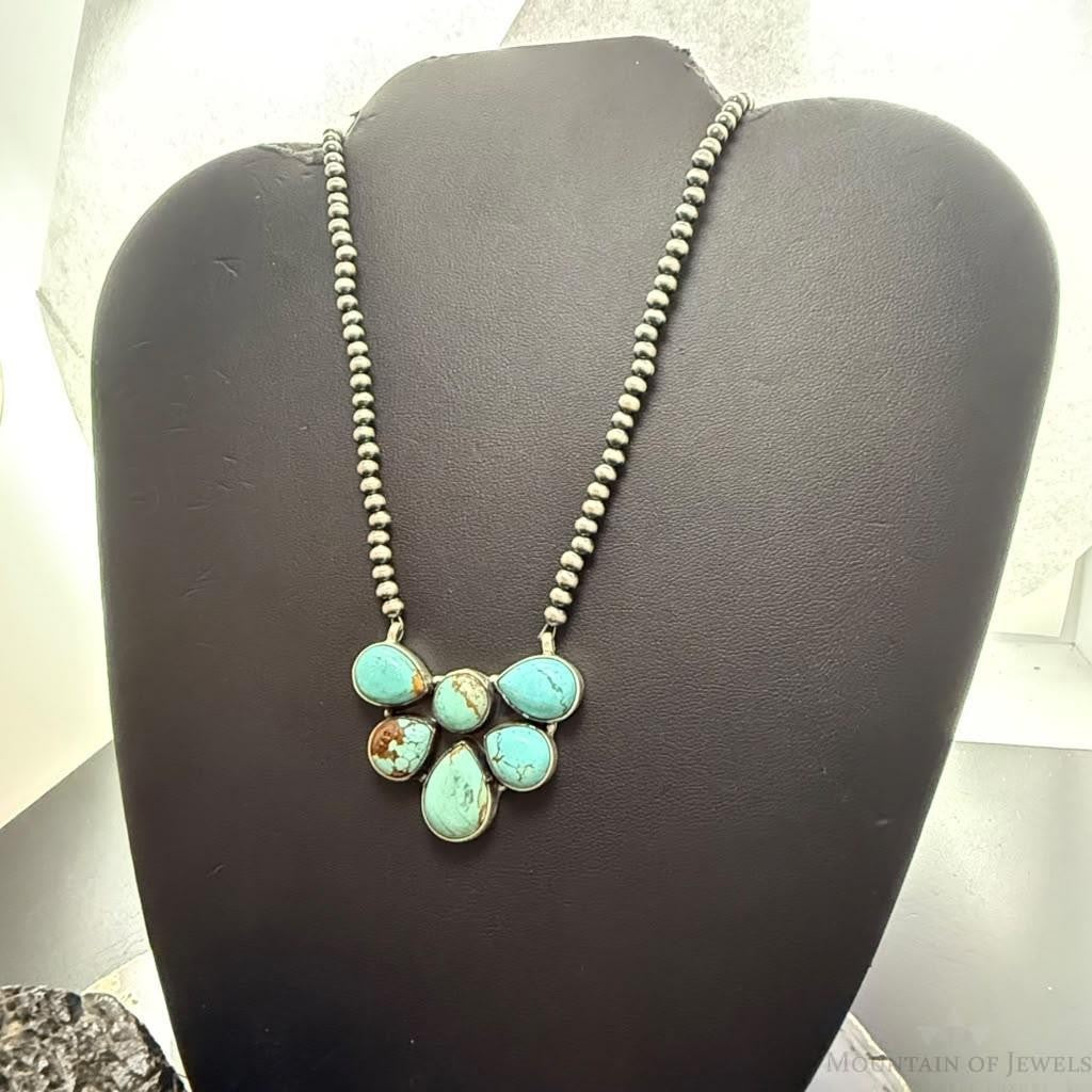 Sterling Silver Southwestern Style Turquoise #8 Cluster 23" Lariat Necklace For Women