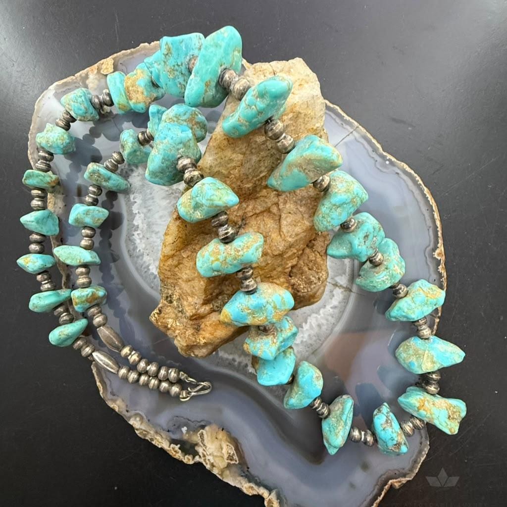Vintage Sterling Silver Native American Natural Turquoise w/Silver Beads 27" Necklace For Women
